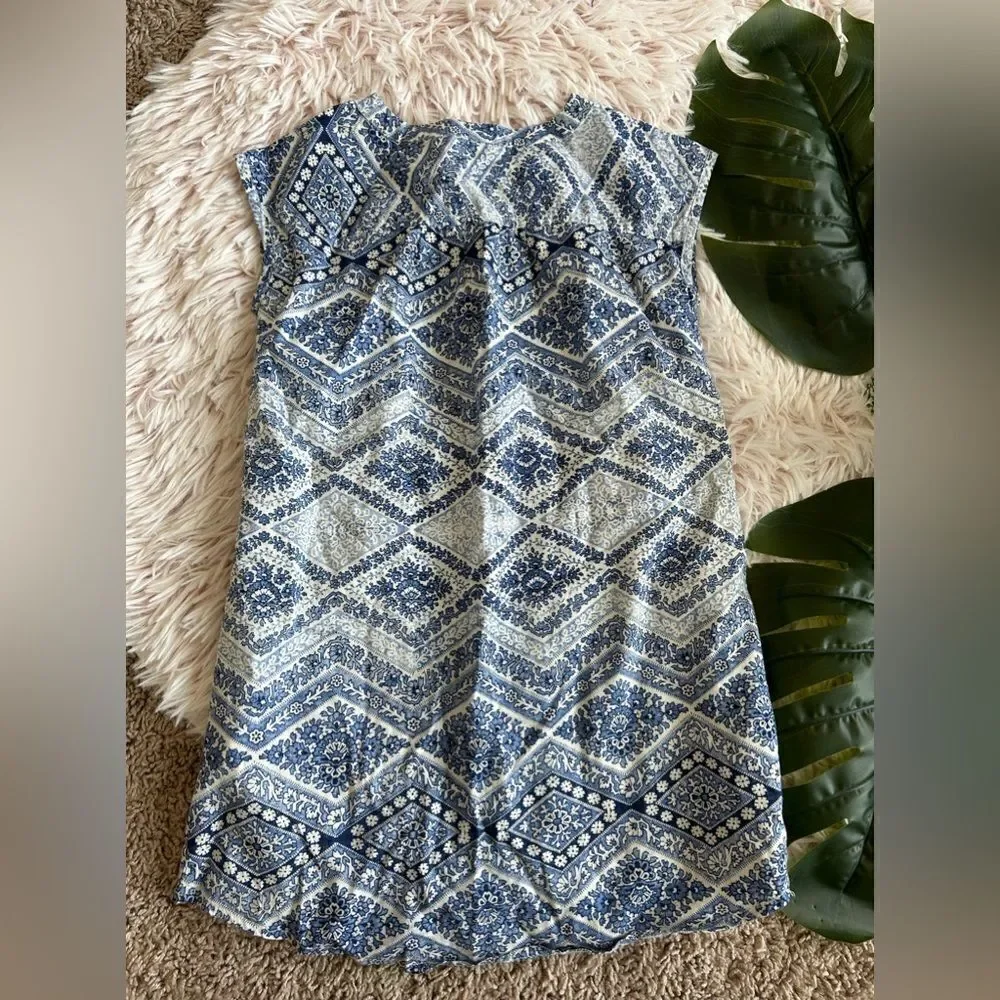 Gaps Kids Blue Off White Floral Paisley Chevron 100% Cotton Button Up Dress XS 4
